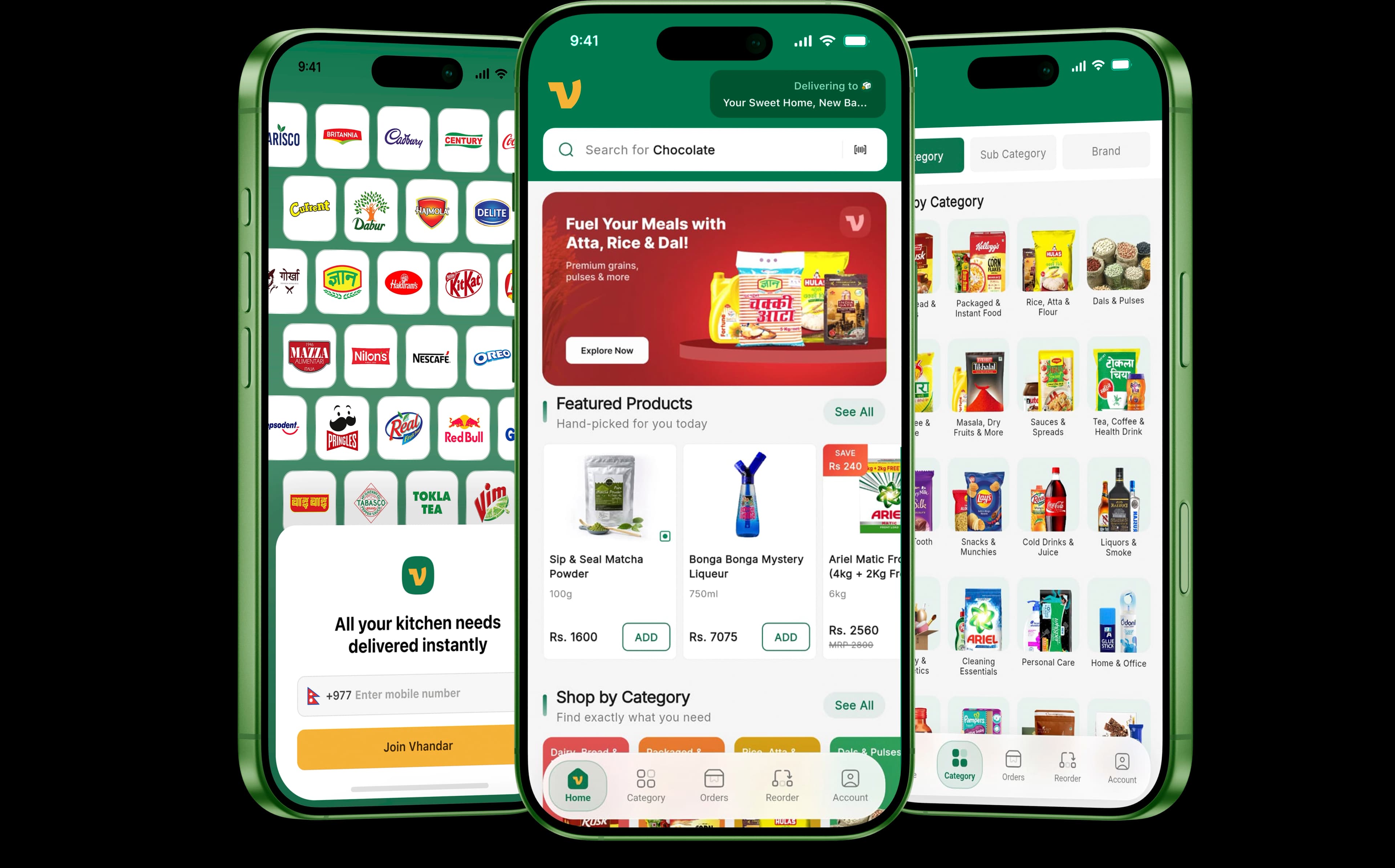 The Vhandar customer app showing browsed brands, featured products and shop-by-category screens